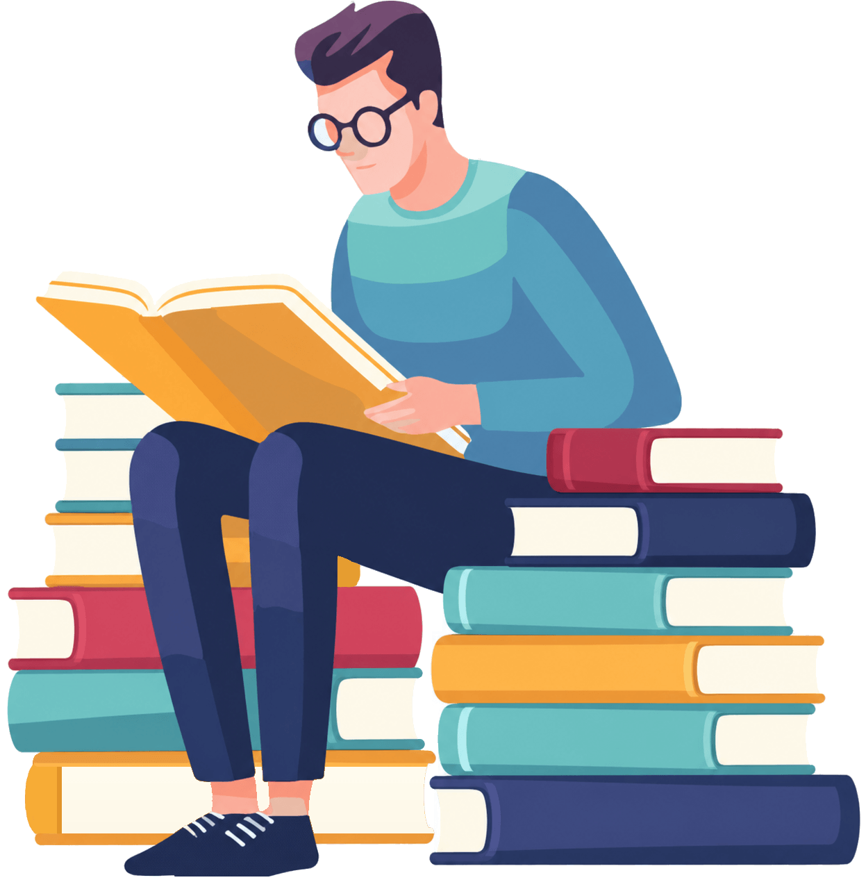 Student sitting on books reading hero Student sitting on books reading hero
